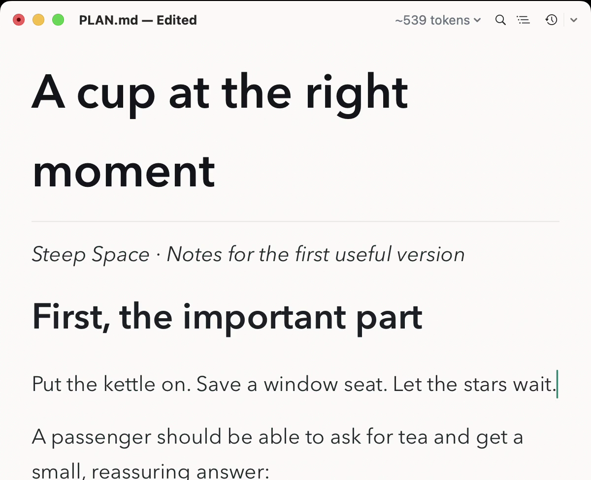 A Mardo window titled PLAN.md, Edited, showing rendered Markdown: a large heading, an italic subtitle, a second heading and a sentence ending in a text caret, with the token count, Find, Outline and Timewarp buttons in the toolbar