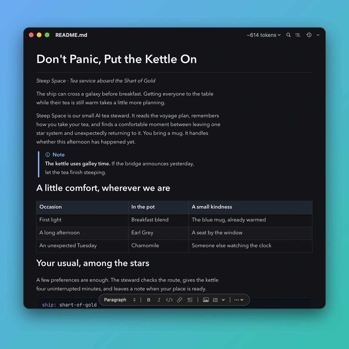 A Mardo window titled README.md showing a rendered Markdown document called Don't Panic, Put the Kettle On: an italic subtitle, two paragraphs, a blue Note callout, a three-column table and a code block, with the floating format bar and about 614 tokens shown in the toolbar