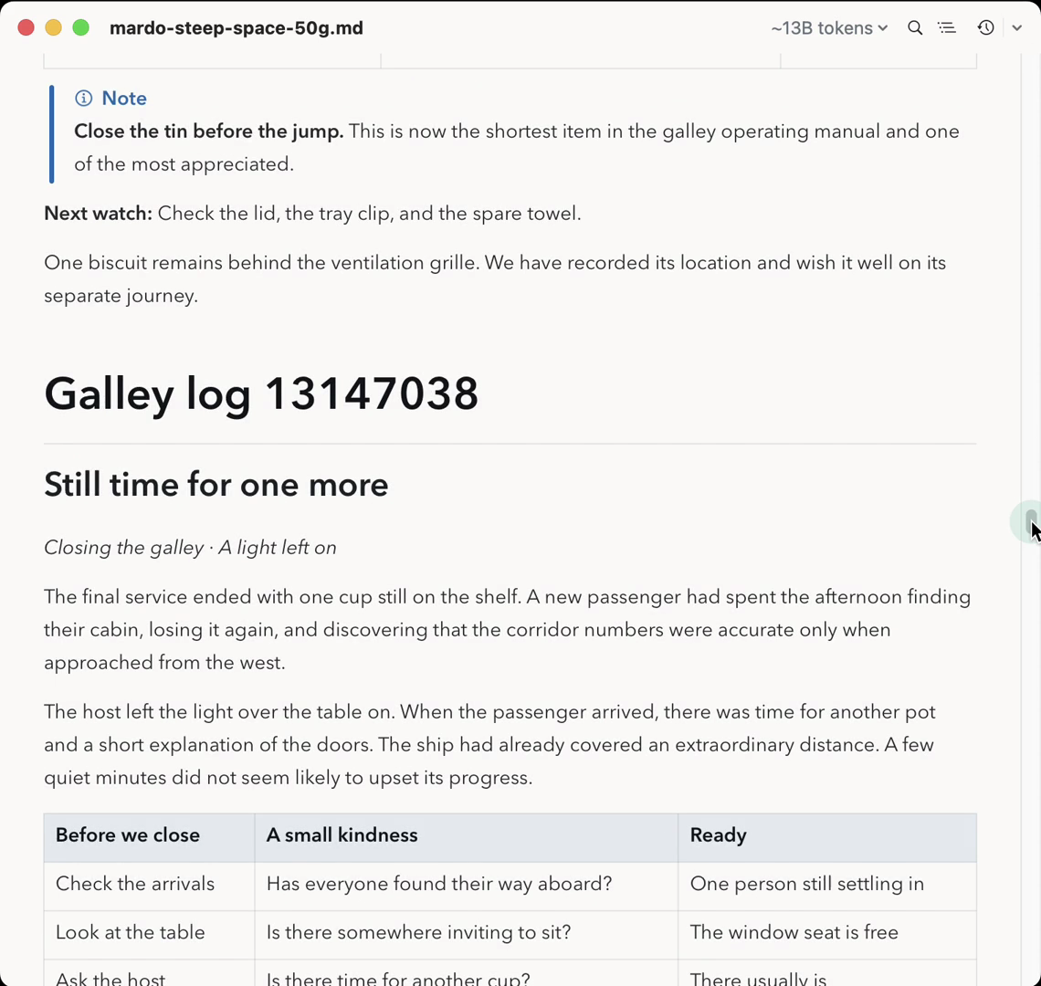 A Mardo window showing a 50 GiB Markdown file halfway down, rendered with a heading, a Note callout, two paragraphs and a table, with the scroller in the middle and about 13 billion tokens in the toolbar