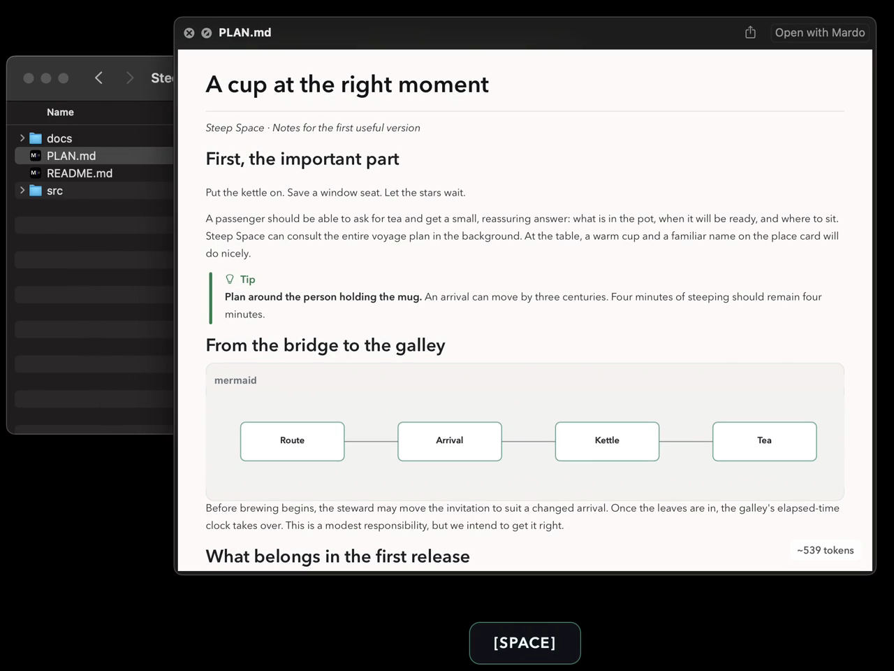 Finder with a Quick Look window open on PLAN.md, showing the rendered document with a heading, a tip callout and a diagram, and an Open with Mardo button