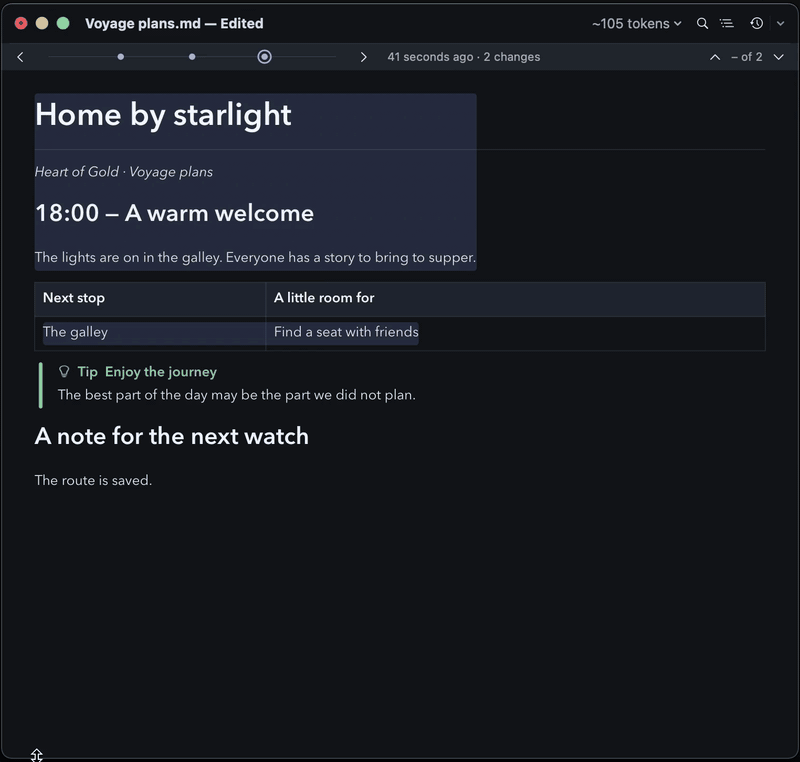 An animation of Timewarp in Mardo: the row of dots under the titlebar steps back through a document's past versions, from Home by starlight to Before we leave, with what changed in each one marked, then returns to the present