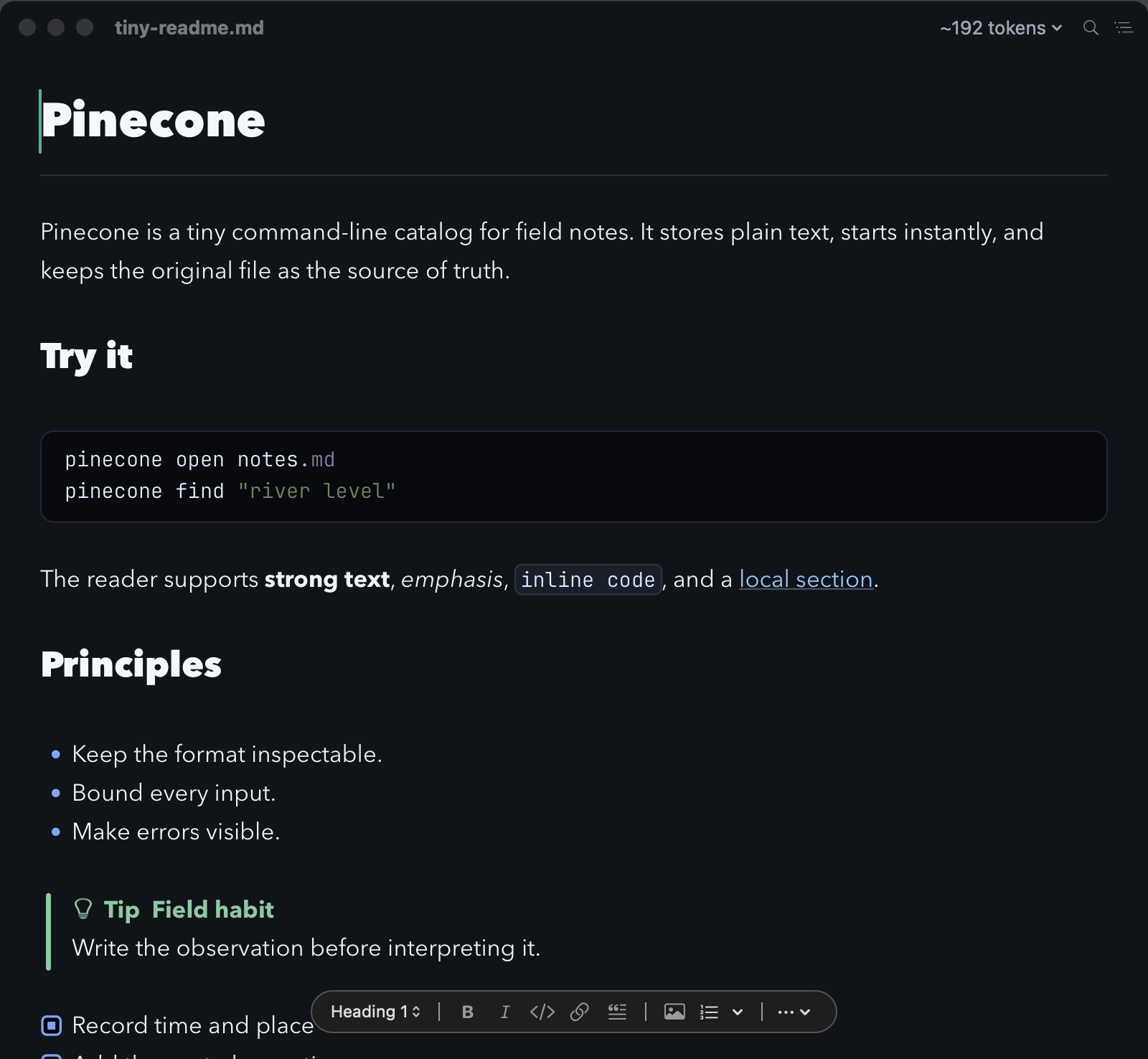 Mardo's document window in its dark theme showing a short README with a heading, a code block, a bulleted list, a tip callout and a task checkbox