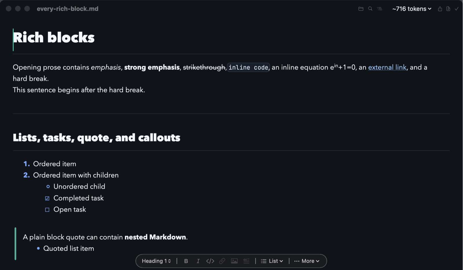 Mardo's dark window editing a Markdown document titled Rich blocks: a paragraph with emphasis, bold, strikethrough, inline code, an equation and a link, a numbered list with nested tasks, a block quote, and a floating format bar with heading, bold, italic, code, link, image and list controls