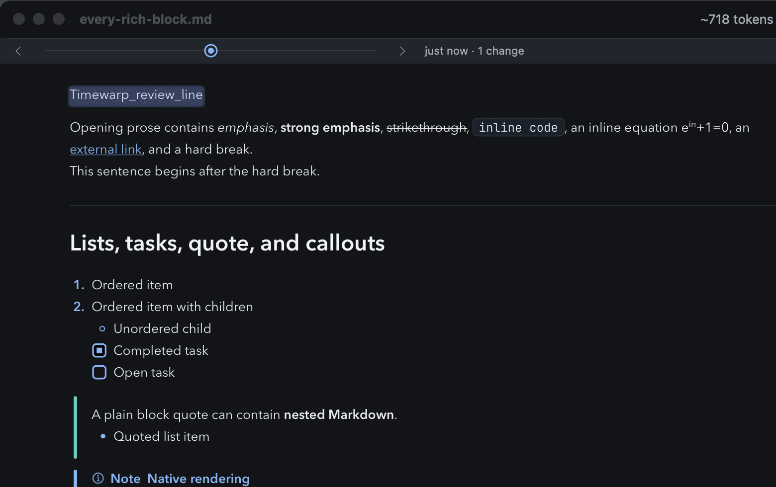 Mardo showing a past version of a Markdown document in Timewarp: under the titlebar, a row with one selected dot reads just now, 1 change, and the one changed line in the document is washed in periwinkle