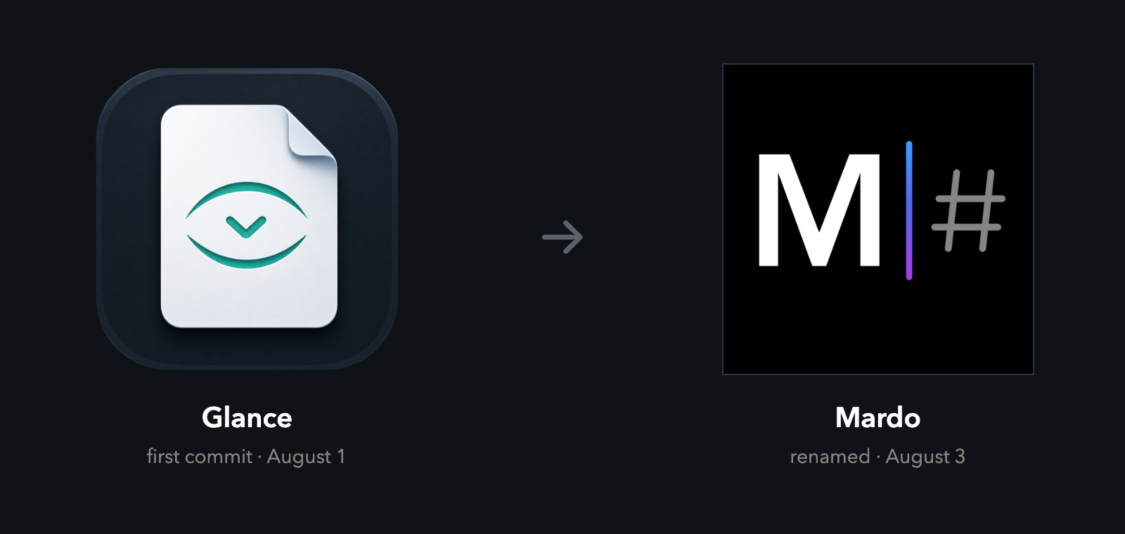 The Glance app icon, a document with a teal eye on a dark tile, beside the Mardo icon: a white M, a blue-to-violet caret and a grey hash mark on black
